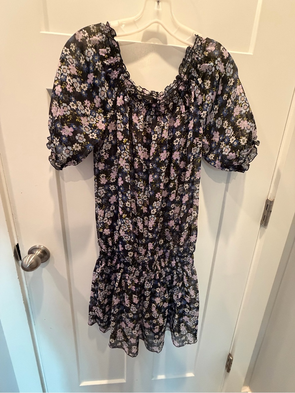 BCX Black Floral Chiffon Off-Shoulder Smocked Peasant Puff Sleeve Ruffle Hem M